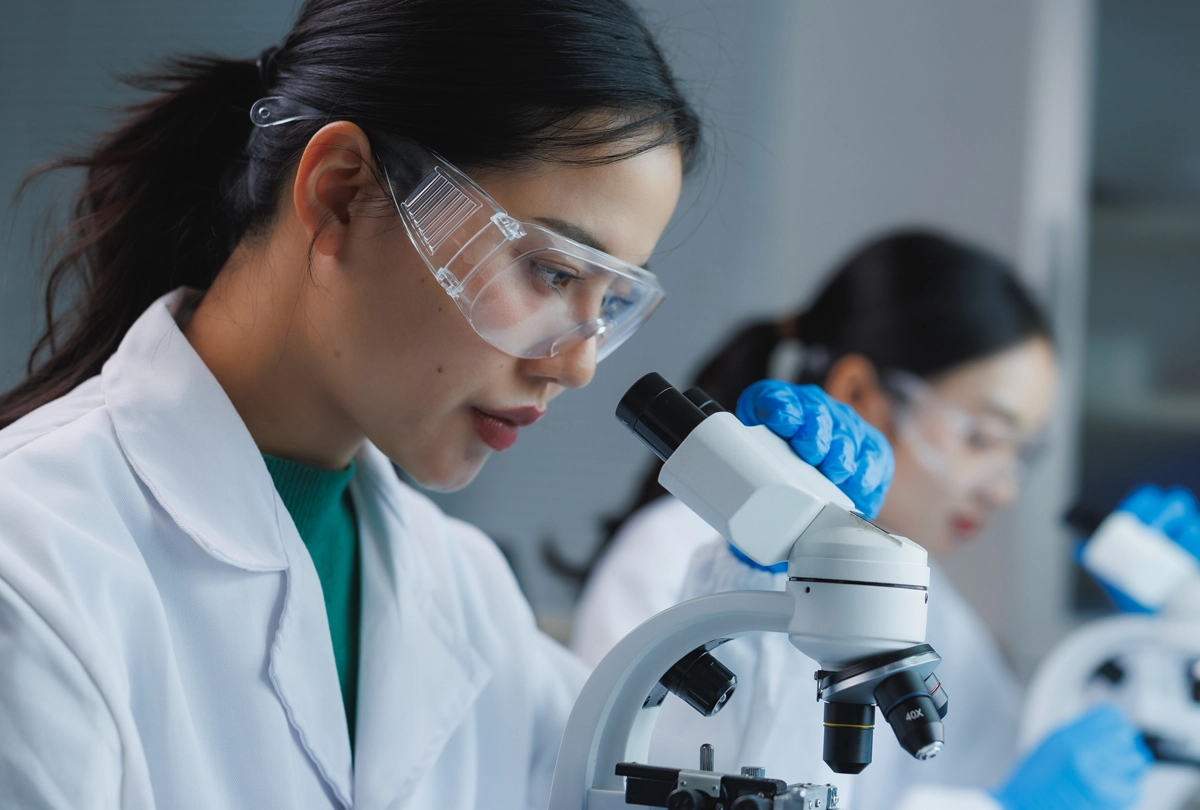 Researchers working with microscopes in a clinical laboratory