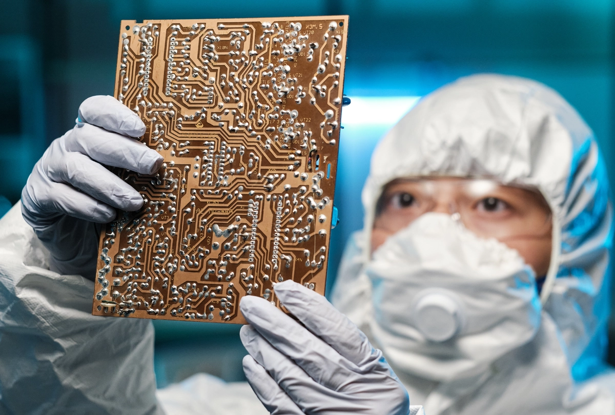 Cleanroom technician inspecting a circuit board in China high-tech manufacturing