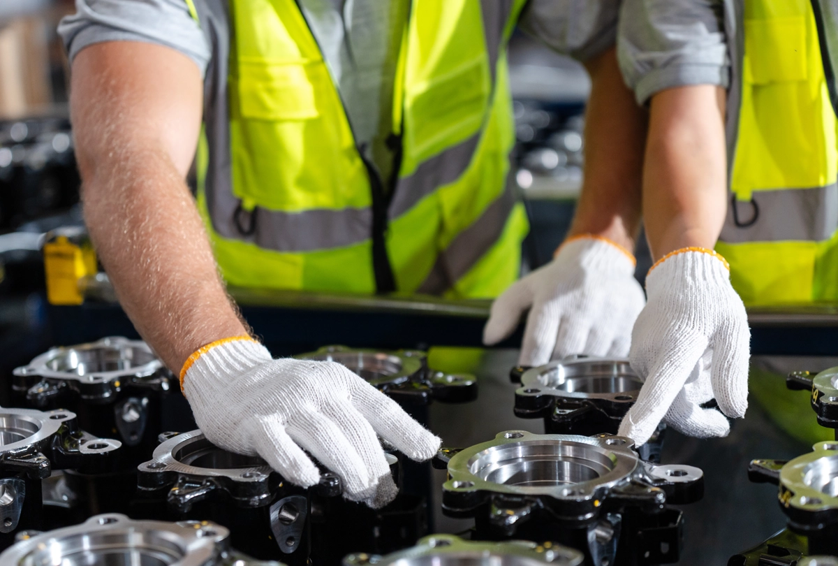 Workers inspecting machined metal parts on a production line